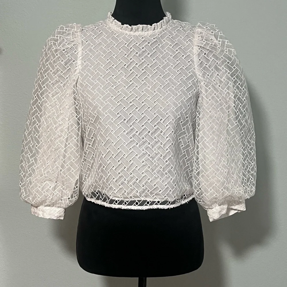 ZARA Puff Sleeve Mesh Eyelet Top - XS